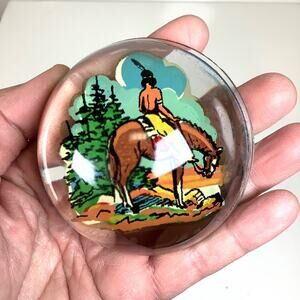 Vtg 1950s Glacier National Park Montana Souvenir Glass Paperweight Native Indian